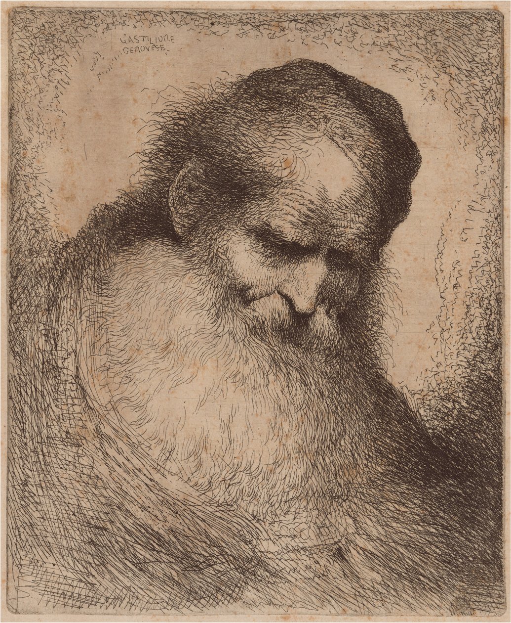 Viejo con barba larga y gorro, inclinado hacia adelante de Giovanni Benedetto Castiglione