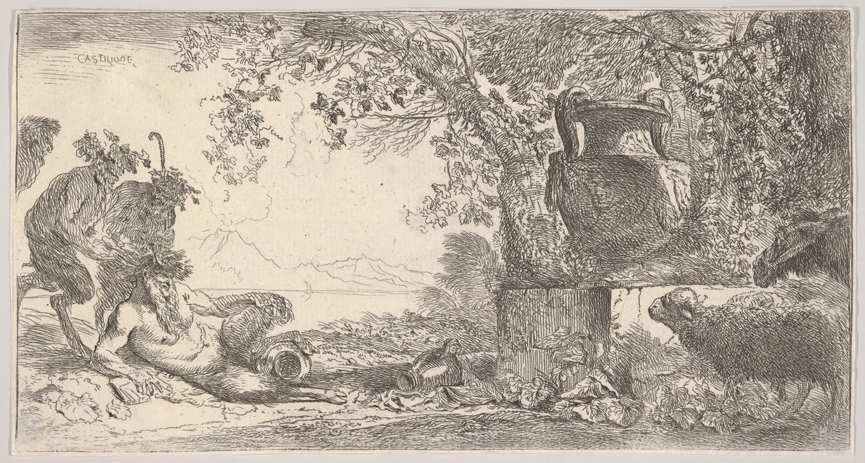 Pan reclinado a la izquierda con dos sátiros de pie, un gran jarrón en un pedestal a la derecha de Giovanni Benedetto Castiglione