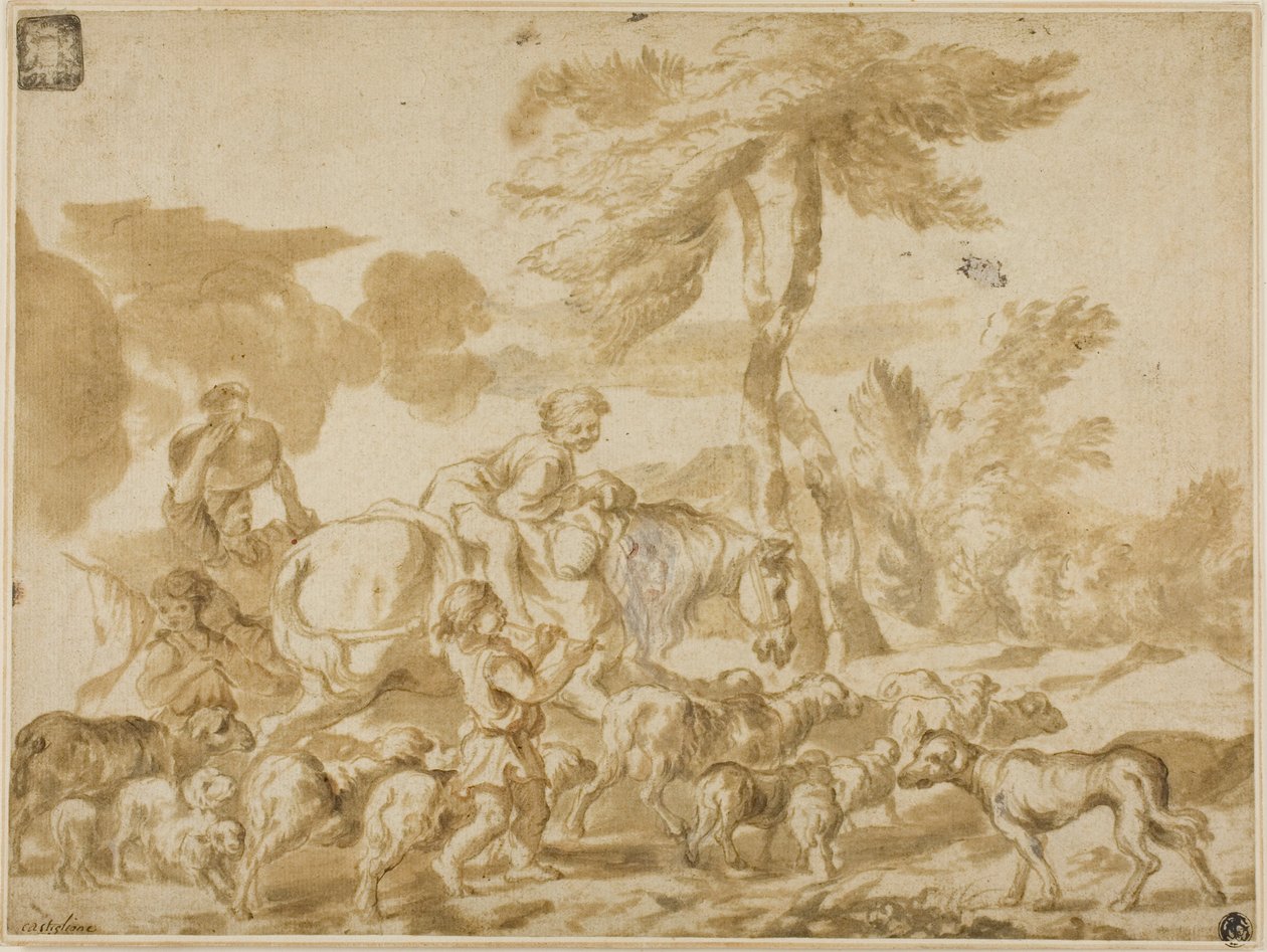 Familia campesina con ovejas y perro de Giovanni Benedetto Castiglione
