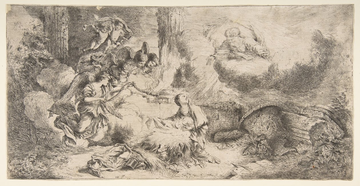 La Virgen y el Niño, Dios el padre arriba a la derecha, ángeles a la izquierda, ca. 1647-50 de Giovanni Benedetto Castiglione