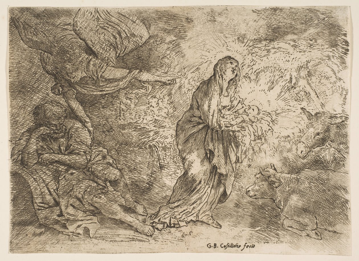 El ángel despertando a José ante la presencia de la Virgen y el Niño de Giovanni Benedetto Castiglione