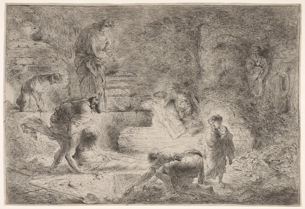 Tobías enterrando a los muertos, ca. 1647-51 de Giovanni Benedetto Castiglione