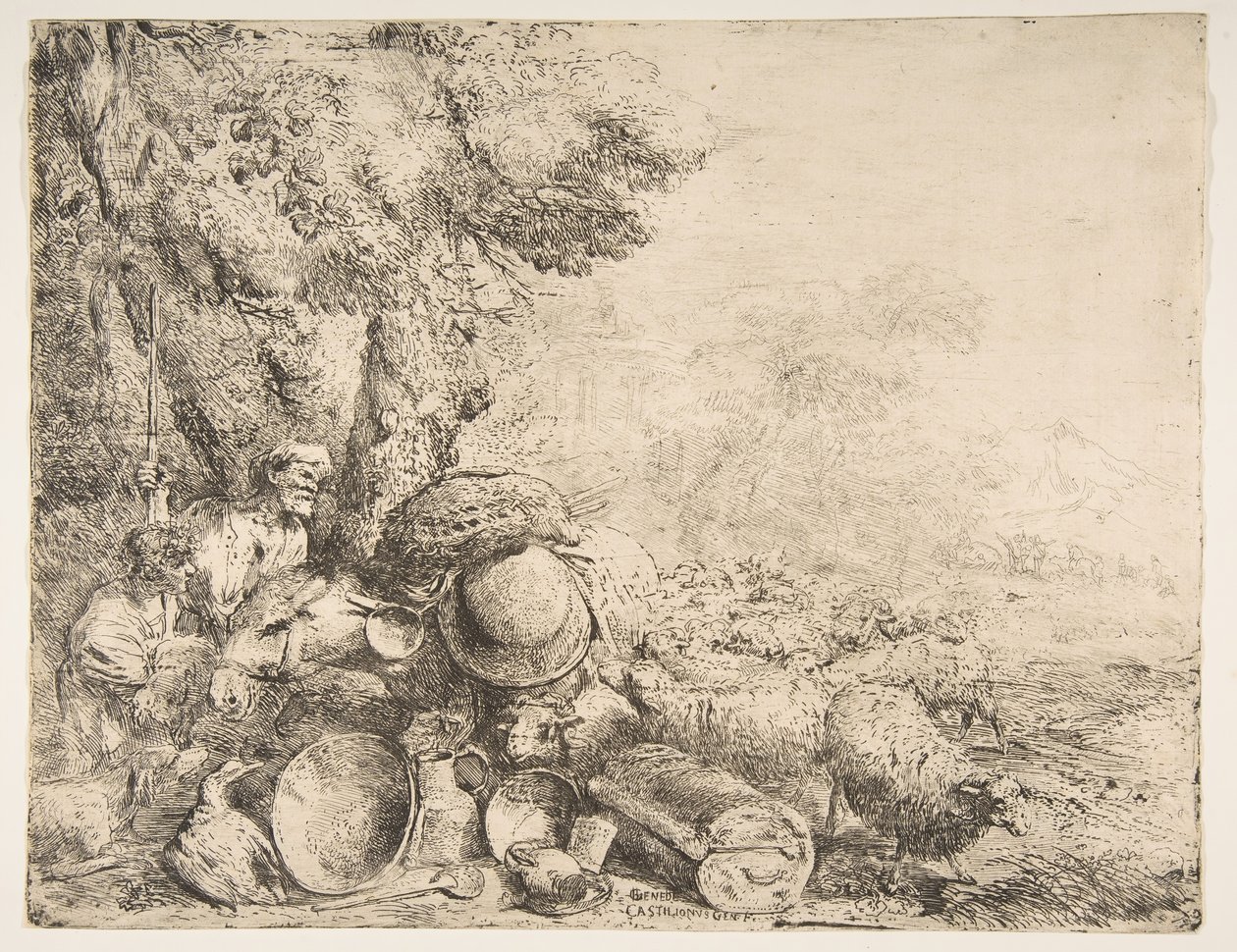 Dos pastores, un burro y otros animales en un paisaje, ca. 1638-1640 de Giovanni Benedetto Castiglione