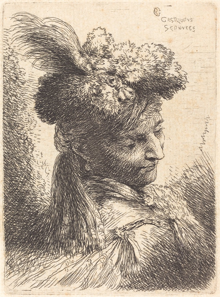 Joven con tocado de piel con una cinta, mirando a la derecha de Giovanni Benedetto Castiglione