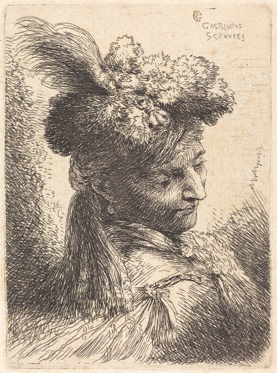 Joven con tocado de piel y cinta en la frente, mirando hacia la derecha de Giovanni Benedetto Castiglione