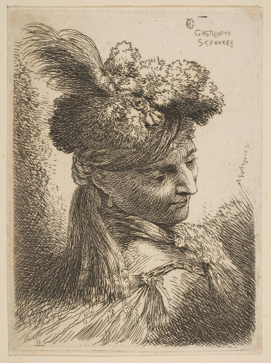 Joven de frente tres cuartos a la derecha con un tocado de piel con una pluma, joya, ca. 1645-50 de Giovanni Benedetto Castiglione