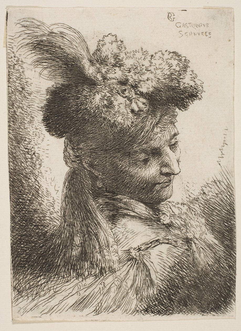 Joven mirando tres cuartos a la derecha con un tocado de piel con una pluma, joya ..., ca. 1645-1650 de Giovanni Benedetto Castiglione