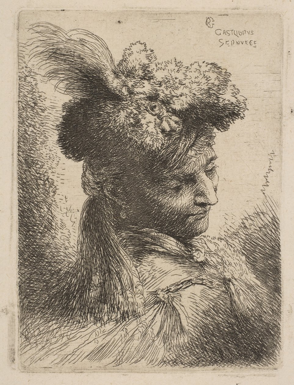 Joven de tres cuartos a la derecha con un tocado de piel con una pluma, joya de Giovanni Benedetto Castiglione