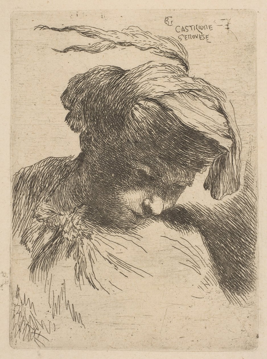 Joven mirando hacia abajo a la derecha, de la serie de Pequeñas Cabezas en Tocados Orientales de Giovanni Benedetto Castiglione