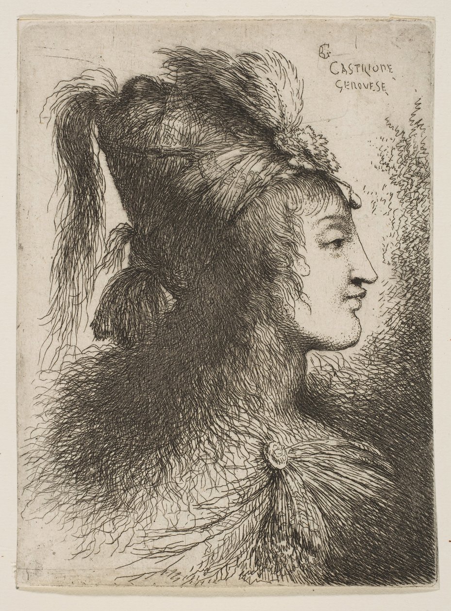 Joven con turbante emplumado, mirando a la derecha, de la serie de Cabezas Pequeñas de Giovanni Benedetto Castiglione