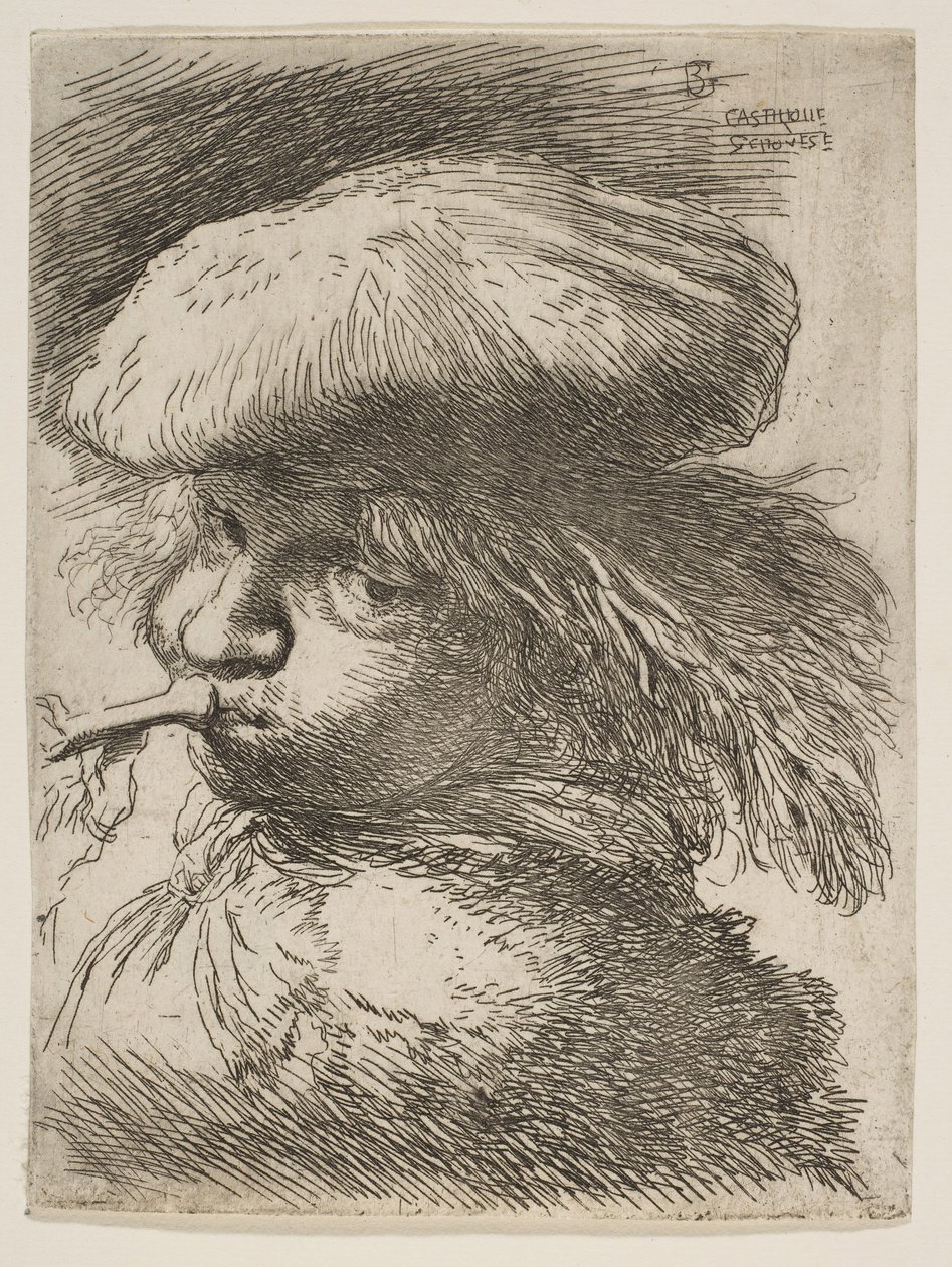 Joven con una trompeta mirando a la izquierda, de la serie de Pequeñas Cabezas en Oriental de Giovanni Benedetto Castiglione