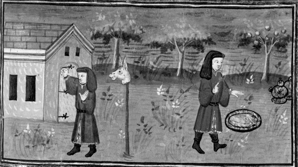 Decamerón,Frédéric llama a la puerta de Madame Tessa; el hombre encuentra comida y vino bajo un melocotonero. Séptimo día, cuento 1 de Giovanni Boccaccio
