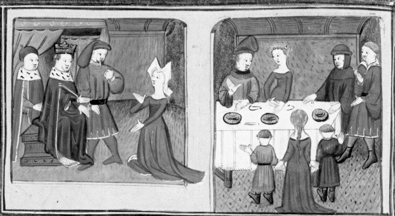 Decamerón,Giletta pide al Rey que le permita casarse con Beltramo di Rossiglione; Giletta presenta sus hijos a Beltramo. Tercer día, cuento 9 de Giovanni Boccaccio