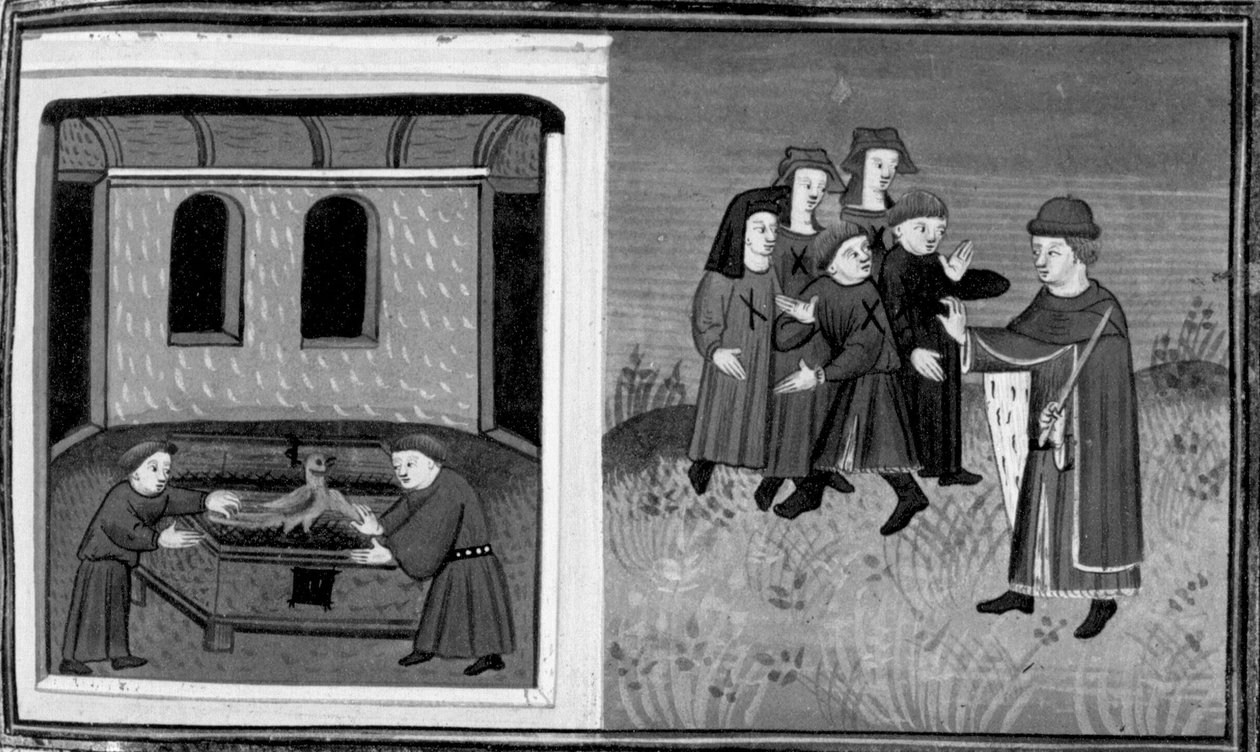 Decameron, Giovanni del Bragoniera y Biagio Pizzini roban la reliquia al hermano Ciboule; el fraile marca las ropas de los aldeanos con las brasas. Sexto día, noticia 10 de Giovanni Boccaccio