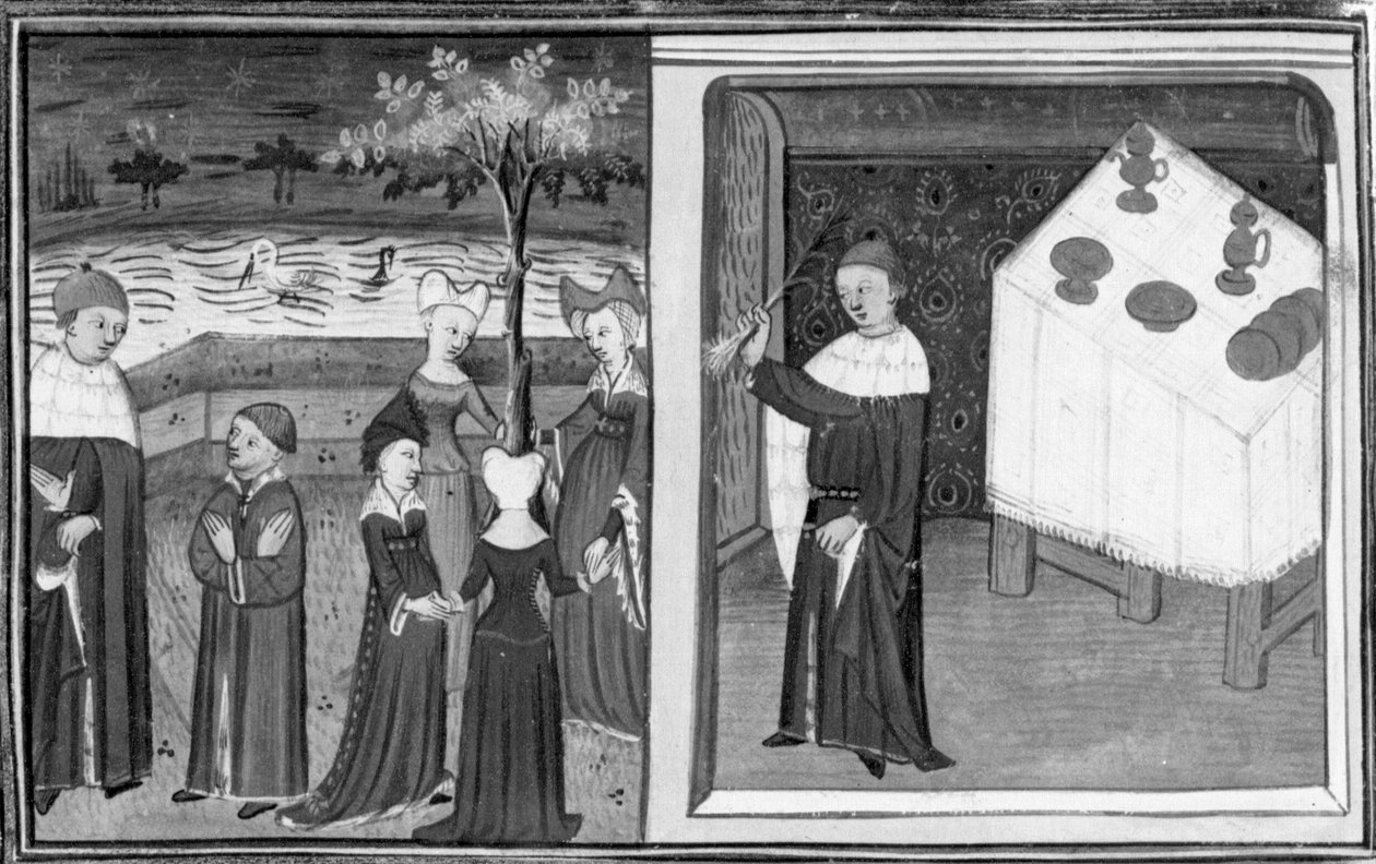 Decamerón, Alberto de Bolonia ve bailar a Margarita; Alberto explica la naturaleza de su amor utilizando el ejemplo del puerro. Primer día, cuento 10 de Giovanni Boccaccio