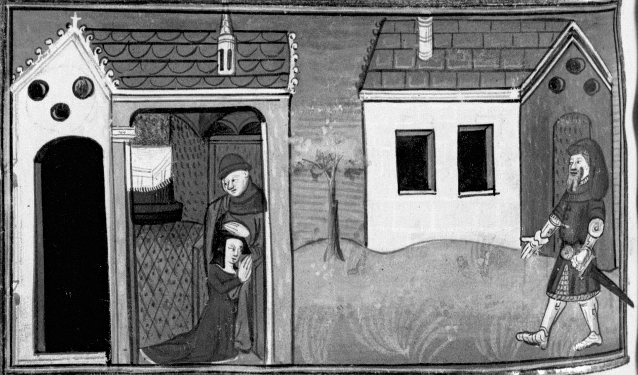 Decamerón, Arimino escucha la confesión de su mujer; el hombre monta guardia en la puerta de la casa. Séptimo día, relato 5 de Giovanni Boccaccio