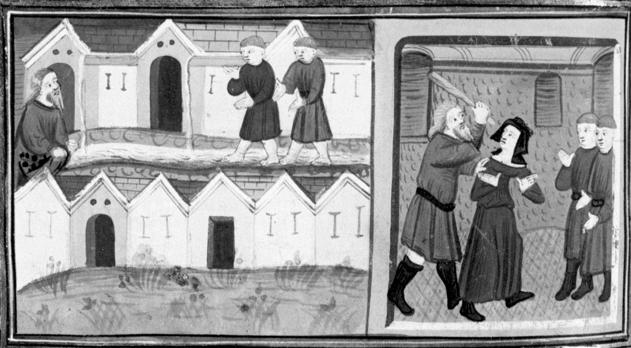 Decameron, Calandrino y sus amigos buscan el heli-tropo en el Mugnon; Calandrino golpea a su mujer. Octavo día, relato 1 de Giovanni Boccaccio