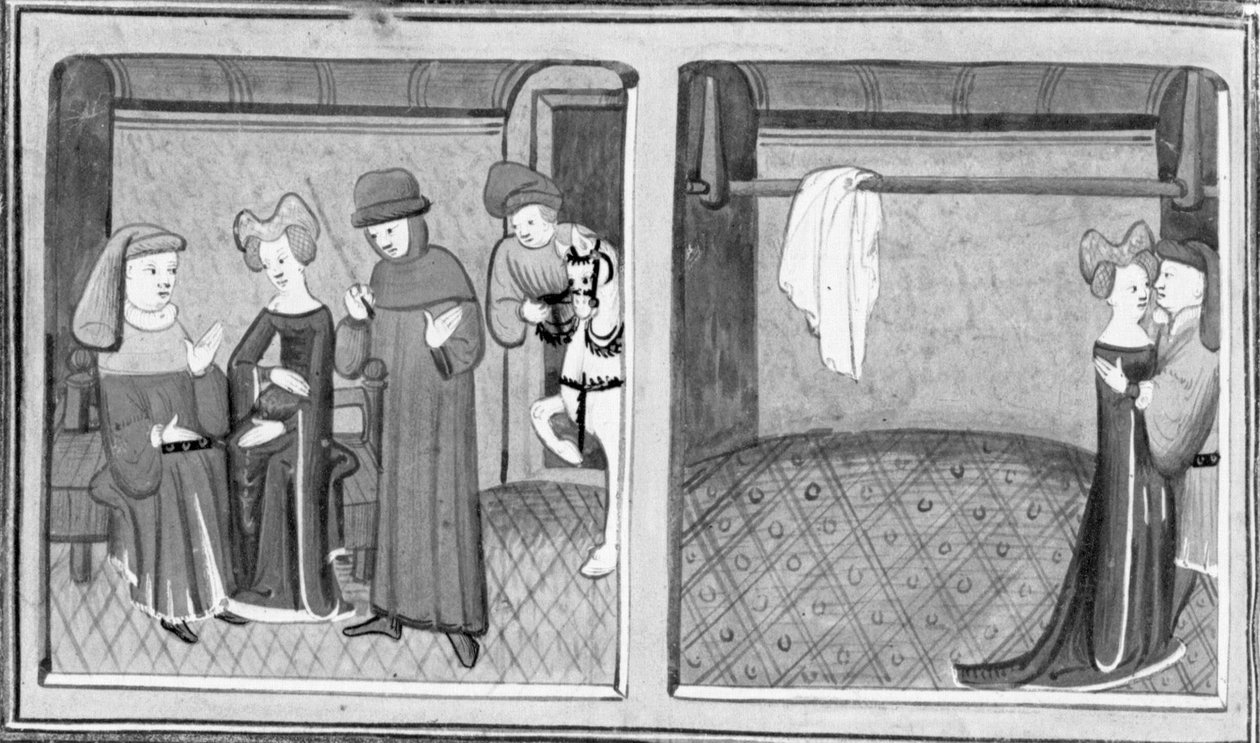 Decamerón, Francesco Vergellesi permite a Zima hablar con su mujer; Zima y la mujer de Francesco intercambian un beso. Tercer día, relato 5 de Giovanni Boccaccio