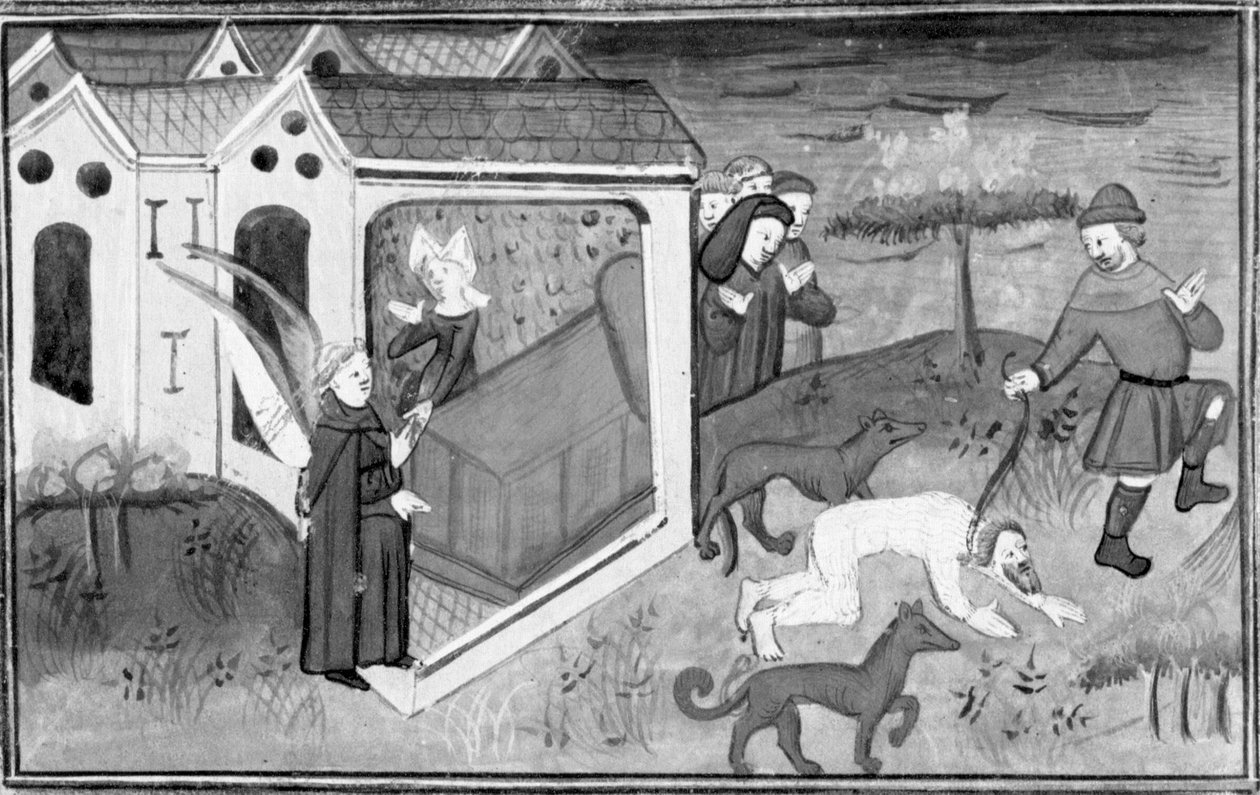 Decamerón, el hermano Alberto visita a Lisetta; Alberto, vestido de salvaje, es sacado a la calle. Cuarto día, cuento 2 de Giovanni Boccaccio
