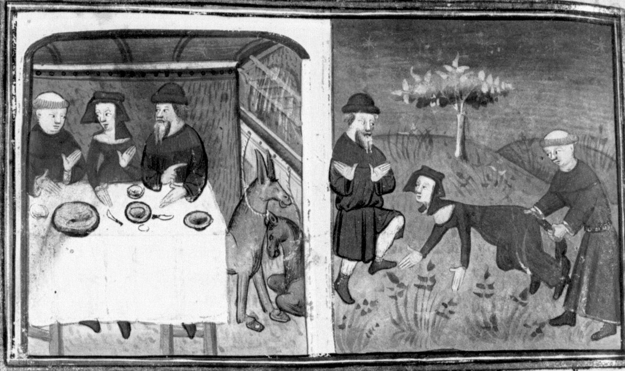 Decamerón, Gianni di Barolo está sentado a la mesa con Pietro da Tresanti y su mujer; Gianni intenta atar la cola de la mujer. Día nueve, cuento 10 de Giovanni Boccaccio
