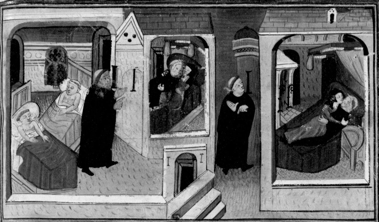 Decamerón, El abad espía al monje en su celda; el monje a su vez espía al abad. Primer día, noticia 4. de Giovanni Boccaccio