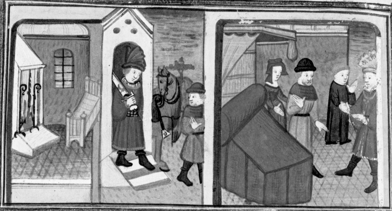 Decamerón, El caballero Lambertuccio escapa de la habitación de Isabella; el marido de la mujer encuentra al amante en la habitación . Séptimo día, cuento 6 de Giovanni Boccaccio