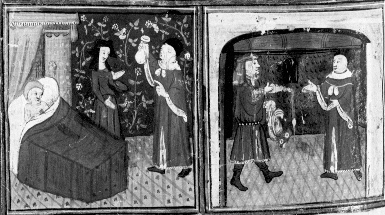 Decamerón, Simone el médico da la infusión a Calandrino; Calandrino paga al médico. Noveno día, cuento 3 de Giovanni Boccaccio