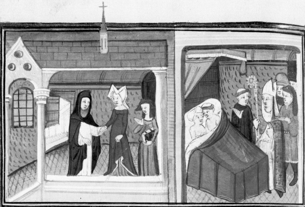 Decamerón, Madame Piccarda visita al párroco de Fiesole; el párroco es sorprendido por el obispo en la cama con la criada. Octavo día, cuento 4 de Giovanni Boccaccio