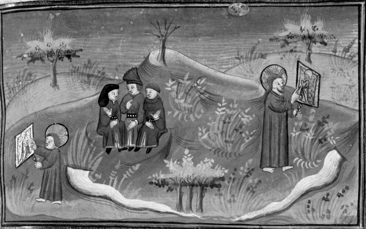 Decamerón, Michele Scalza habla con sus amigos; Dios niño aprende a dibujar; Dios adulto muestra un plano terminado . Sexto día, cuento 6 de Giovanni Boccaccio