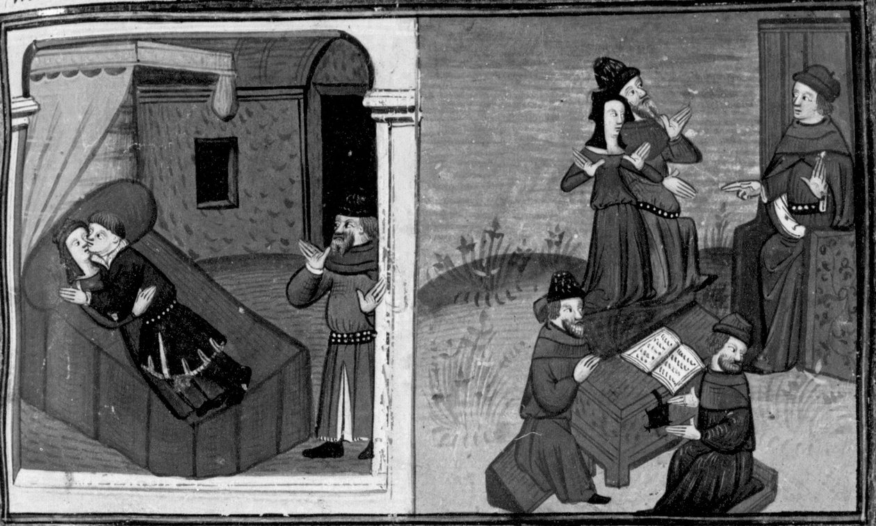 Decamerón, Filipa es descubierta por su marido en adulterio; la esposa se defiende ante el juez . Sexto día, cuento 7 de Giovanni Boccaccio