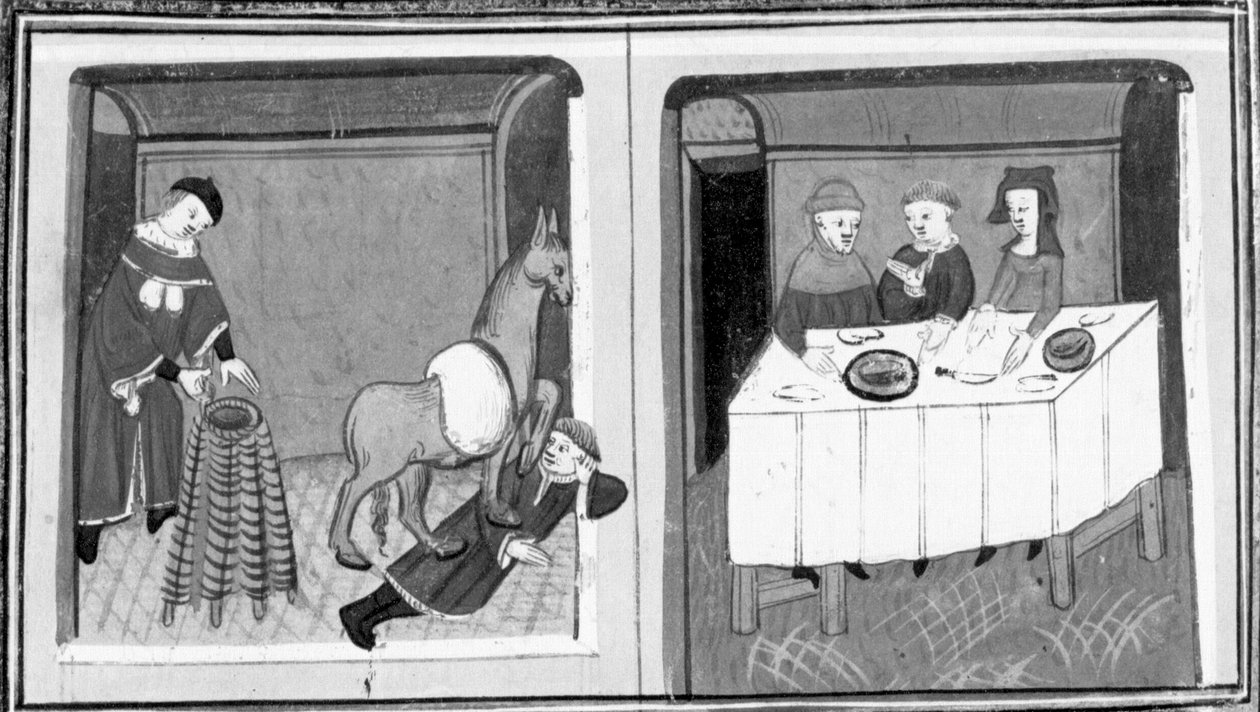 Decamerón, Pedro de Vinciolo descubre a la amante en el establo; Pedro de Vinciolo está sentado a la mesa con su mujer y su amante. Quinto día, cuento 10 de Giovanni Boccaccio