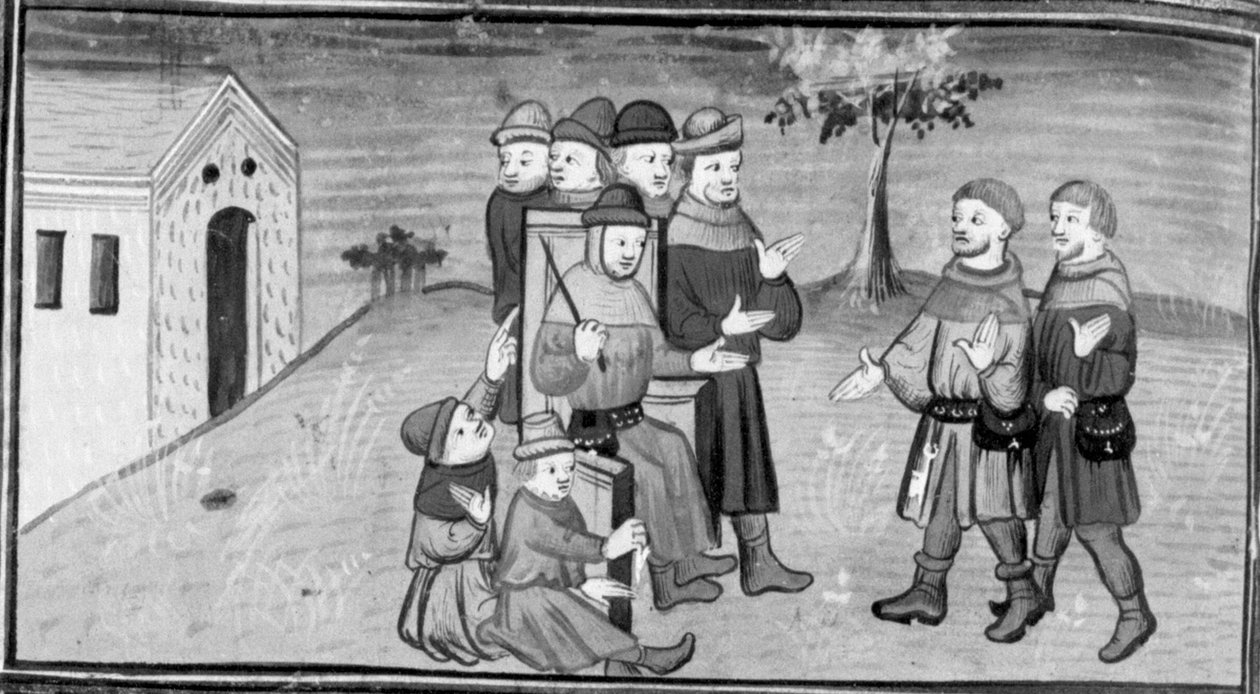 Decameron, Ribi y Maso del Saggio distraen al juez Nicola mientras Matteuzzo se sube los pantalones. Día ocho, noticia 5 de Giovanni Boccaccio