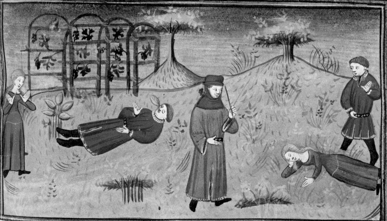 Decamerón, Simona llora la muerte de Pasquino; Simona cae muerta ante el juez. Cuarto día, relato 7 de Giovanni Boccaccio