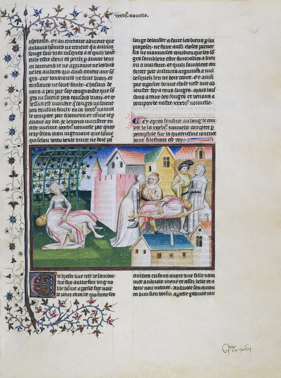 Gabriotto muere en brazos de Andreuola, Andreuola lleva su cuerpo a casa y es arrestada, Andreuola es proclamada inocente y se hace monja, miniatura de El Decamerón, Cuarta jornada, Sexto cuento, de Giovanni Boccaccio (1313-1375). de Giovanni Boccaccio