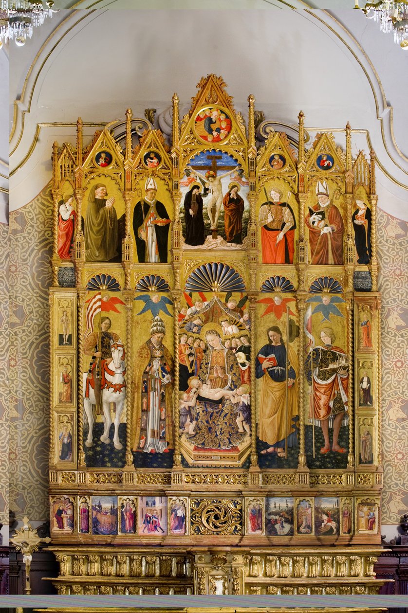 Políptico con la Virgen y el Niño entronizados entre San Eustaquio, San Pedro, Santiago el Mayor, San Venancio, Beato Guardato, San Nicolás de Bari, crucifixión de Cristo, San Sebastián y San Eleuterio, Historias de la vida de San Eu de Giovanni Boccati or Boccatto