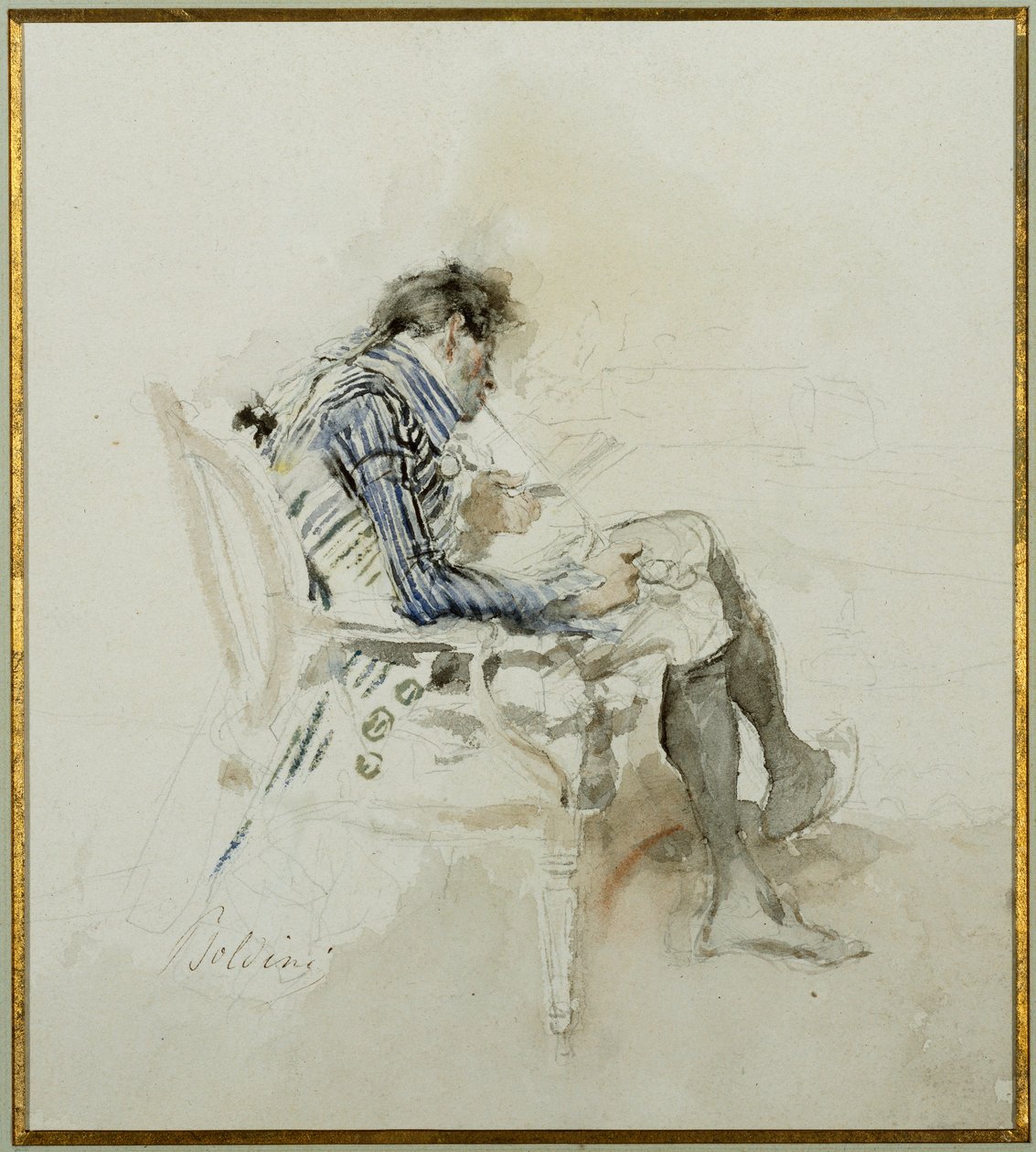 Caballero sentado en un sillón leyendo un libro y fumando una pipa de Giovanni Boldini