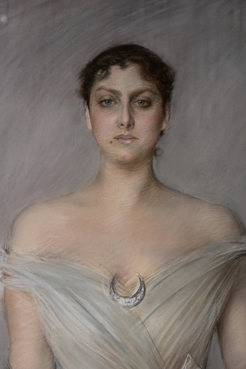 Retrato de una dama de blanco con guantes y abanico, detalle de Giovanni Boldini