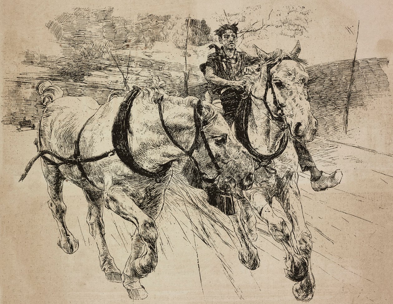 Caballos de refuerzo de carruaje, grabado del dibujo original de Giovanni Boldini, de su pintura, de L