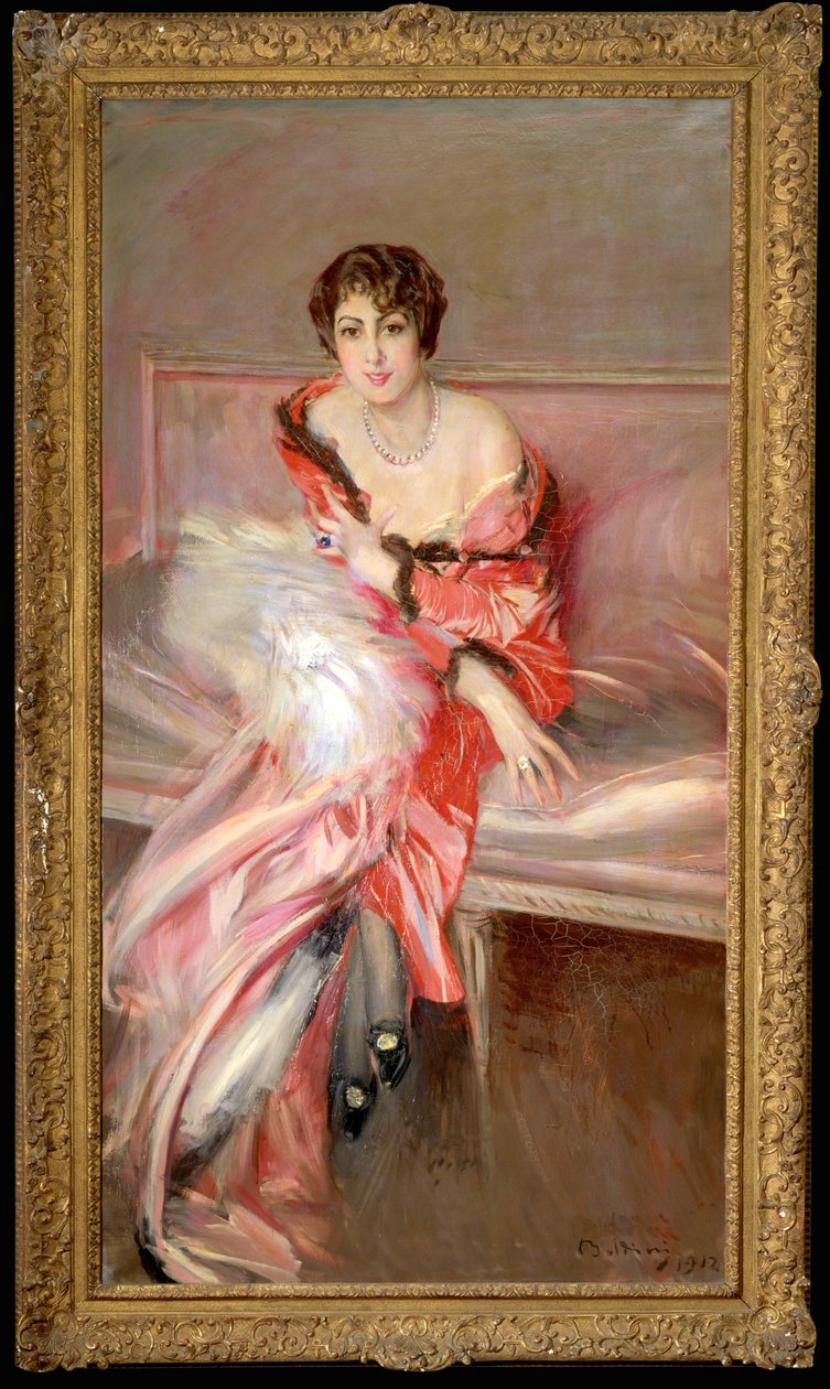 Mujer vestida de rosa en el estudio del pintor ... (pintura sobre lienzo) de Giovanni Boldini