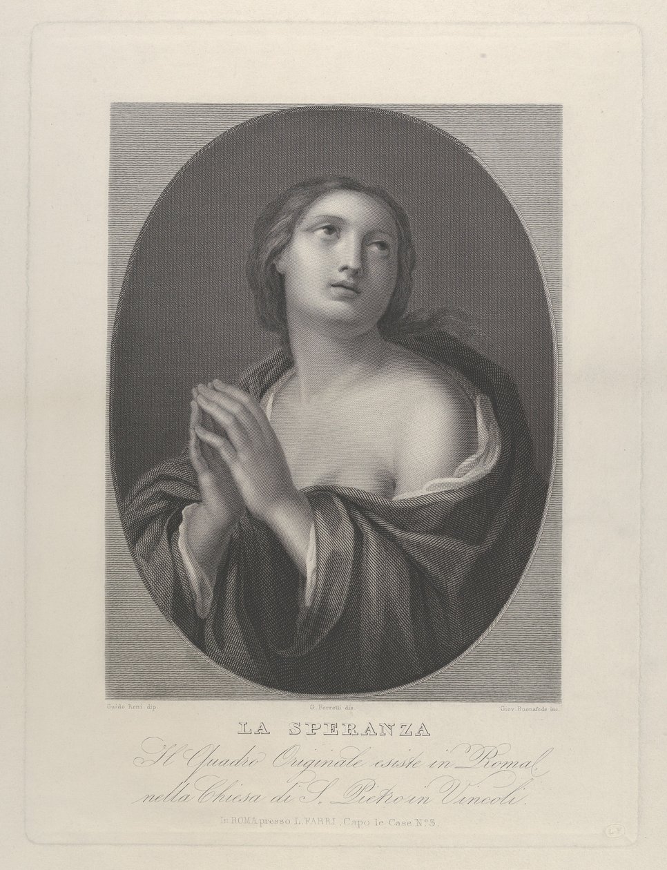 Personificación femenina de la Esperanza mirando hacia arriba con las manos juntas y el hombro izquierdo descubierto, ca. 1835-81 de Giovanni Buonafede