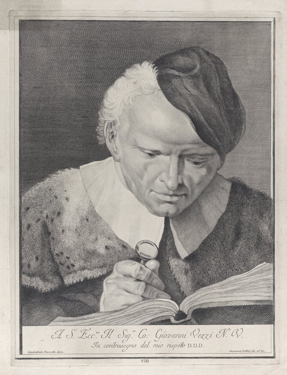 Hombre con sombrero leyendo un libro con una lupa, 1743 de Giovanni Cattini
