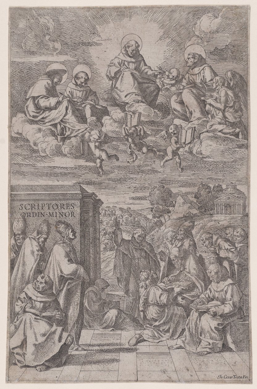 Eclesiásticos en un paisaje escribiendo, otros en el reino celestial arriba de Giovanni Cesare Testa