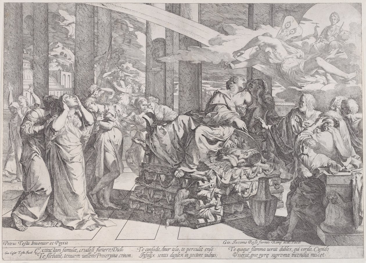 El suicidio de Dido que yace en una pira en el centro, rodeada de muchas figuras, 1650-55 de Giovanni Cesare Testa
