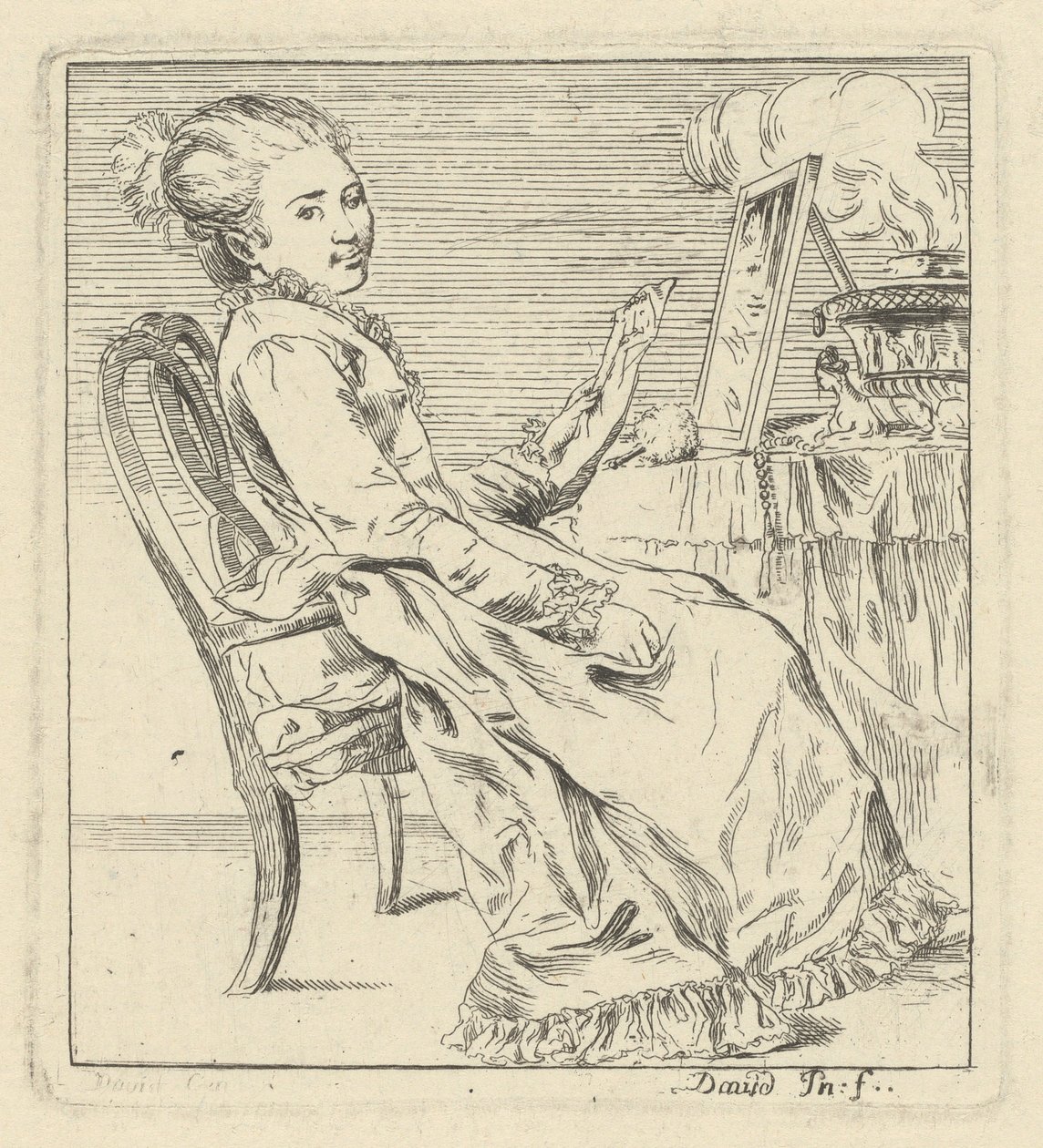 Joven sentada sosteniendo una carta de Giovanni David