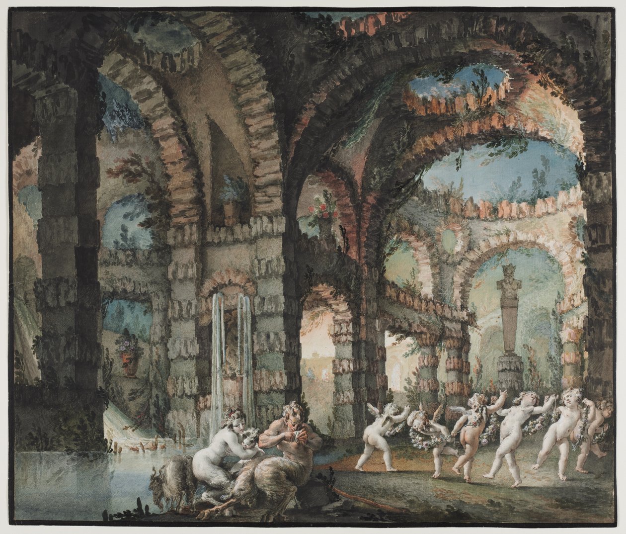 Familia de sátiros con querubines danzantes, c. 1775-76 (acuarela y pincel con grafito y aguada) de Giovanni David