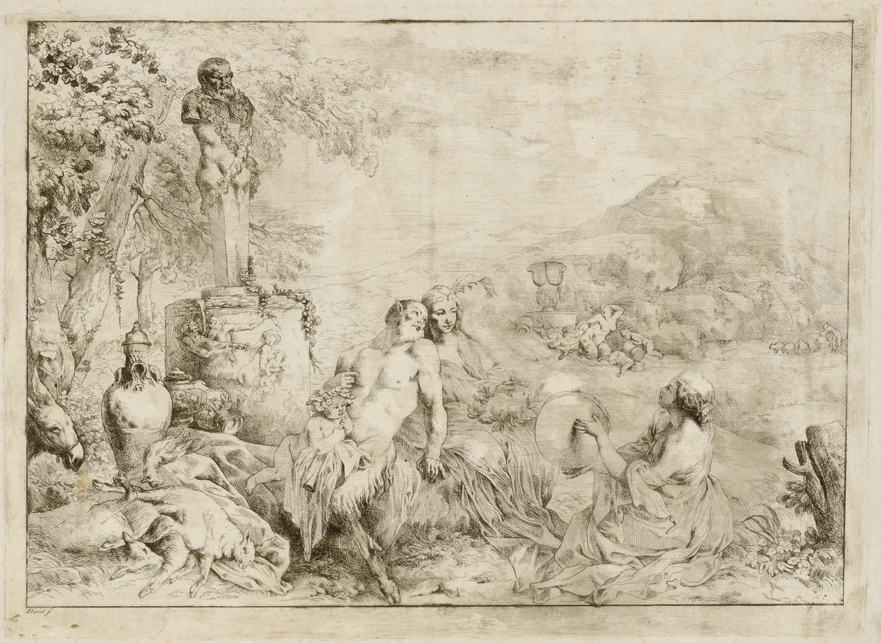 Paisaje con una familia de sátiros y escultura clásica de Giovanni David after Giovanni Benedetto Castiglione