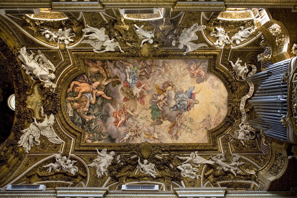 Bóveda de la iglesia de Santa Maria della Vittoria en Roma, fresco que representa la victoria de la Virgen María sobre la herejía, la caída de los ángeles rebeldes, realizado en 1675 por Giovanni Domenico Cerrini (1609-1681), Construcción del siglo XVII, r de Giovanni Domenico Cerrini