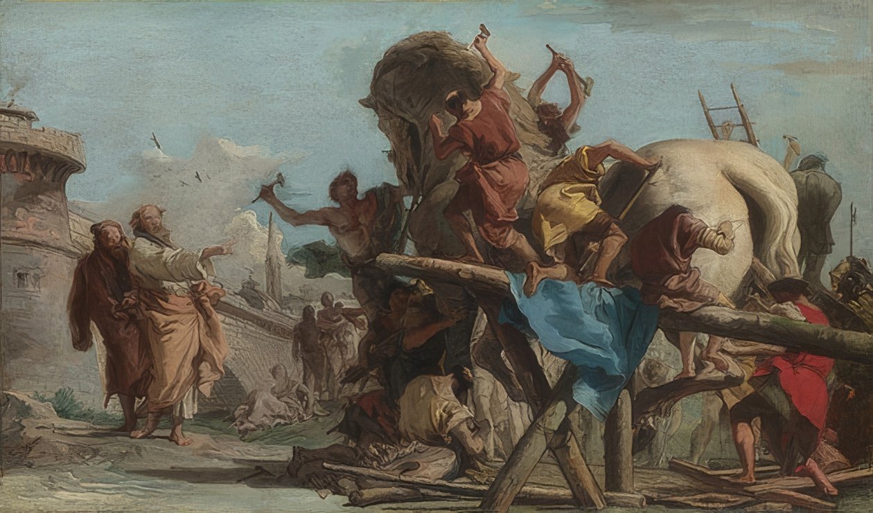 Construcción del caballo de Troya. Hacia 1760 de Giovanni Domenico Tiepolo