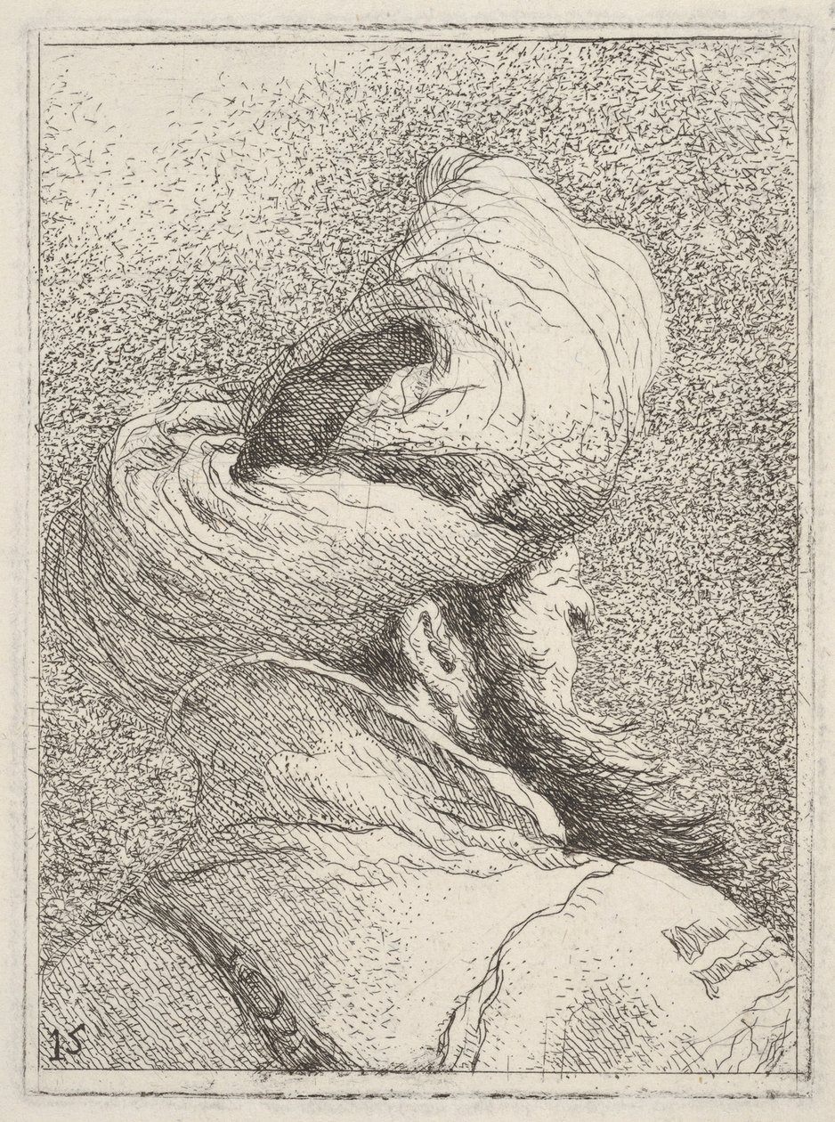 Hombre barbudo con turbante, representado en busto de espaldas en vista de tres cuartos, de «Colección de cabezas» (Raccolta di teste) de Giovanni Domenico Tiepolo