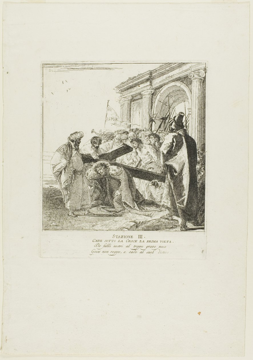 Cristo cae bajo la cruz por primera vez, lámina tres del Vía Crucis de Giovanni Domenico Tiepolo